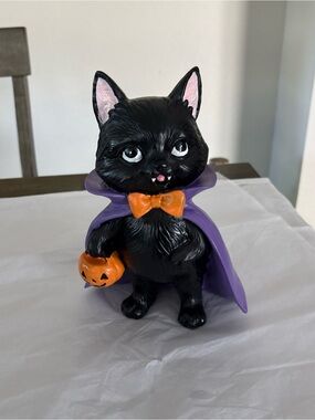Black Cat Halloween Figurine with Purple Cape and Orange Bow
